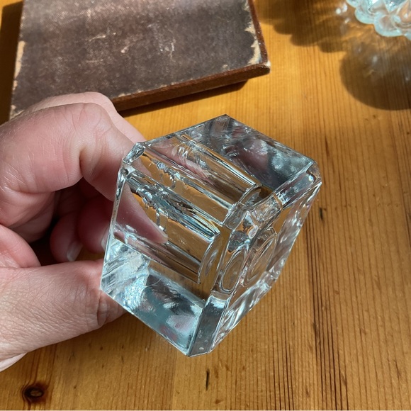 VINTAGE LEATHER & LEAD CRYSTAL INKWELL PEN HOLDER GLOWY URANIUM ART DECO - Picture 8 of 10